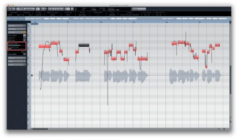 VariAudio z Cubase pro manuální a nebo poloautomatické podrobné doladění zpěvu. Pro poloautomatické doladění použijeme parametry Quantize Pitch a Straihten Pitch z Inspectoru.