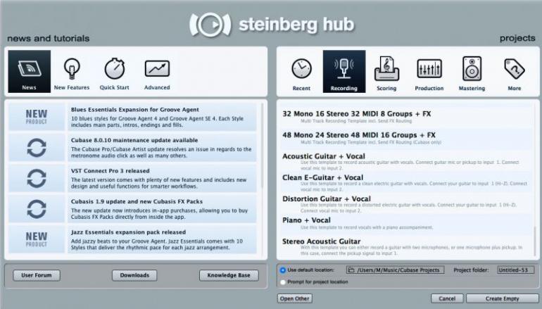 Tovární šablony v Cubase se zobrazují v tzv. Steinberg Hub. Roztříděné jsou do několika kategorií. V kategorii Recording je dlouhá řada různých šablon, obsahující prázdné zvukové stopy, včetně nastavení vstupů a výstupů. 