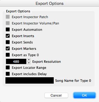 Export MIDI dat z Cubase můžeme ovlivnit pomocí řady nastavení. Chceme například aplikovat MIDI efekty Insert, automatizaci, Markery...?