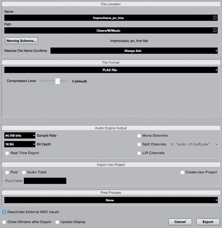 FLAC: Pro soubor typu FLAC nastavujeme úroveň komprese v sekci formát souboru, ale vzorkovací frekvenci a bitovou hloubku nastavujeme v sekci výstupu zvukového enginu.