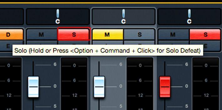  Po najetí myší na tlačítko Solo napovídá v okně MixConsole tooltip, jak aktivovat Defet Solo.