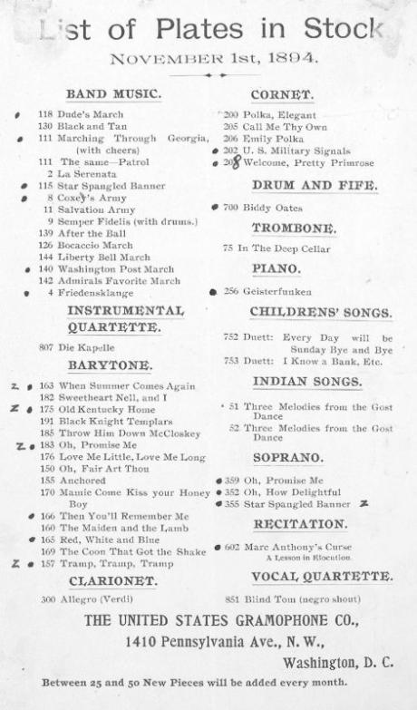 Seznam vydaných desek z roku 1894. Budoucí americká hymna má číslo 355.