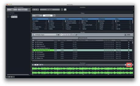 Tato ikona v MediaBay aplikace Cubase zajišťuje, že vybraná zvuková smyčka bude synchronní s tempem projektu již v okamžiku náslechu právě v tomto okně.