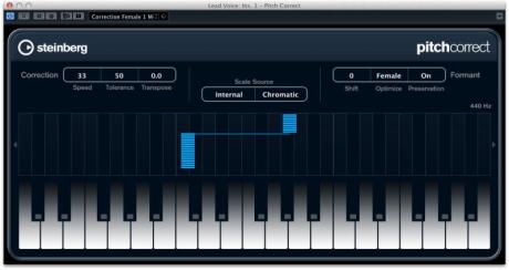 Plug-in PitchCorrect z Cubase ukazuje v reálném čase příchozí signál.