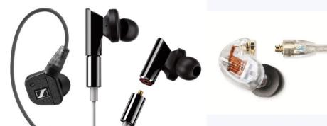 Na obrázku jsou různé typy připojení sluchátek Sennheiser, Onkyo a Shure.