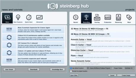 Tovární šablony v Cubase se zobrazují v tzv. Steinberg Hub. Roztříděné jsou do několika kategorií. V kategorii Recording je dlouhá řada různých šablon, obsahující prázdné zvukové stopy, včetně nastavení vstupů a výstupů.