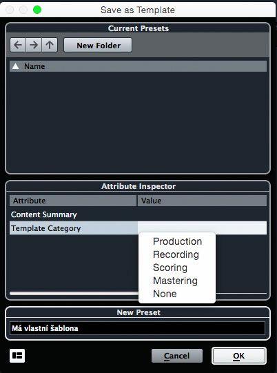 V okně pro uložení šablony v Cubase je možné specifikovat jednu z pěti kategorií. Kromě toho lze vepsat vlastní souhrnný popis, co daná šablona obsahuje. 