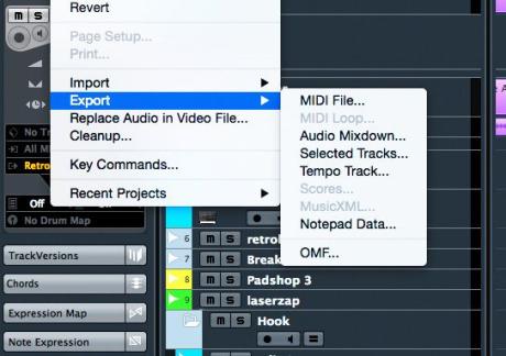 Na straně exportu nabízí DAW řadu různých možností: od klasického MIDI souboru přes Audio a různé speciální formáty až po OMF.